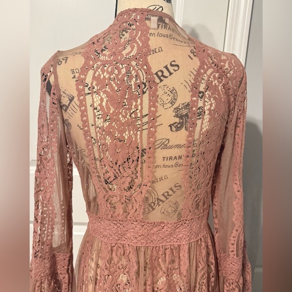 Blush Pink Lace Duster | Floor-Length Boho Kimono | Romantic Festival Chic - Picture 11 of 12